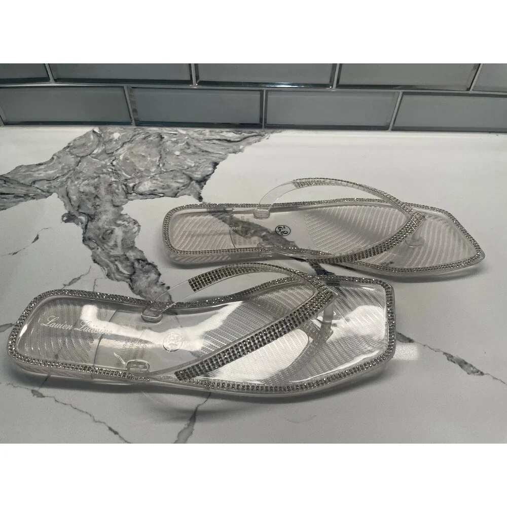 Lauren Lorraine Tampa‎ Flip Flops Clear 9.5 Rhinestone Dressy Sandals NIB